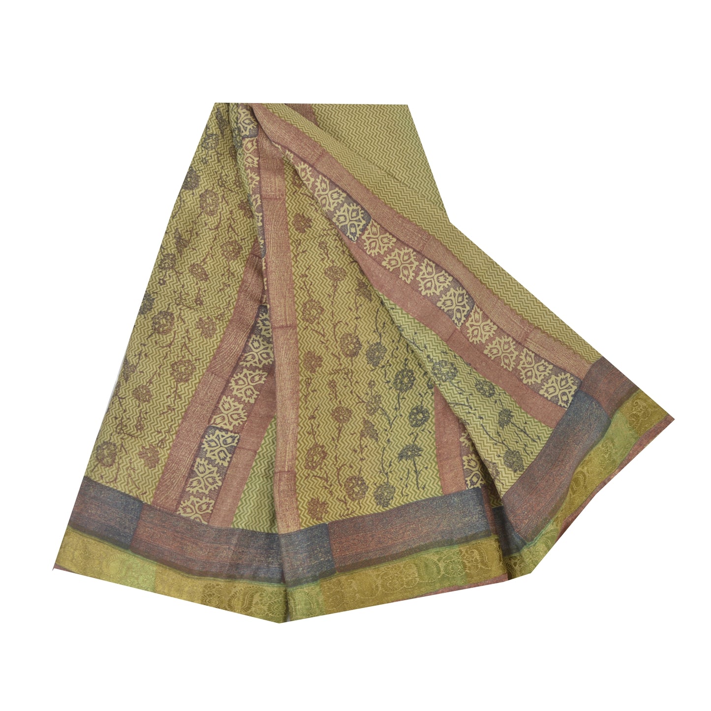 Sanskriti Vintage Sarees Olive Green Pure Silk Printed Sari Floral Craft Fabric