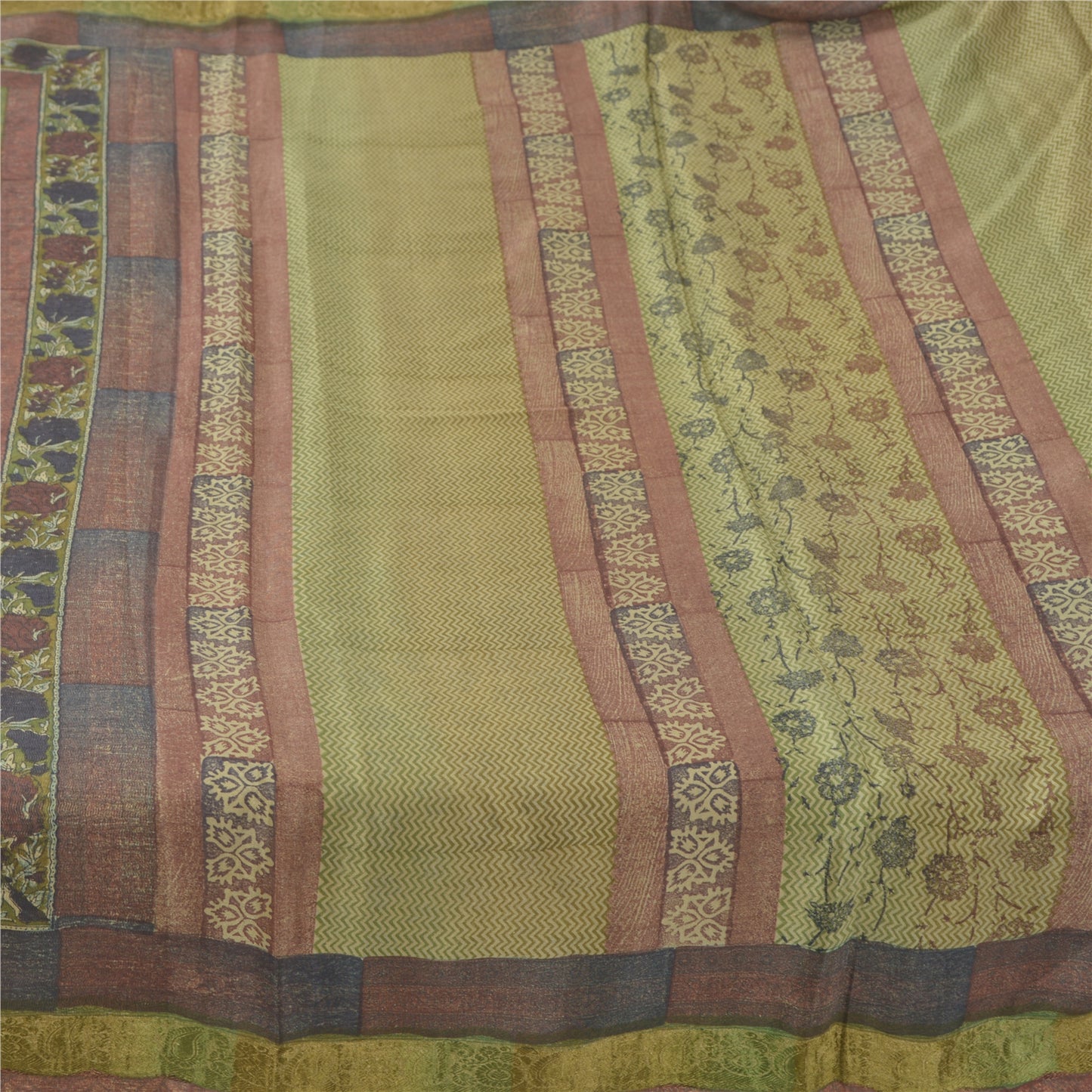 Sanskriti Vintage Sarees Olive Green Pure Silk Printed Sari Floral Craft Fabric