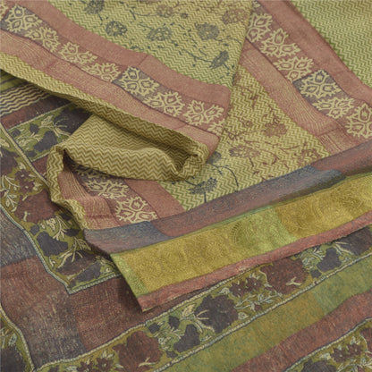 Sanskriti Vintage Sarees Olive Green Pure Silk Printed Sari Floral Craft Fabric