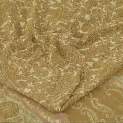 Sanskriti Vintage Sarees Cream Blend Georgette Print Sari 6yd Soft Craft Fabric