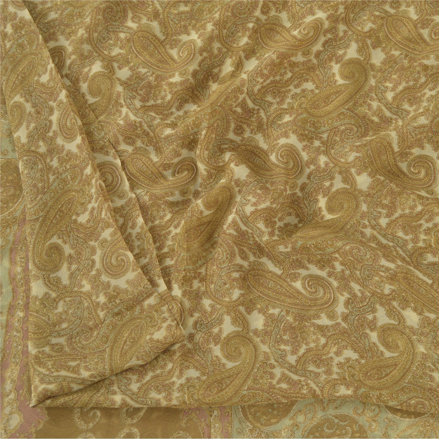 Sanskriti Vintage Sarees Cream Blend Georgette Print Sari 6yd Soft Craft Fabric