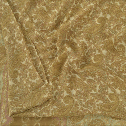 Sanskriti Vintage Sarees Cream Blend Georgette Print Sari 6yd Soft Craft Fabric