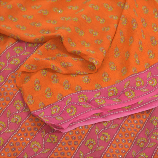 Sanskriti Vintage Sarees Orange/Pink Pure Chiffon Silk Printed Sari Craft Fabric