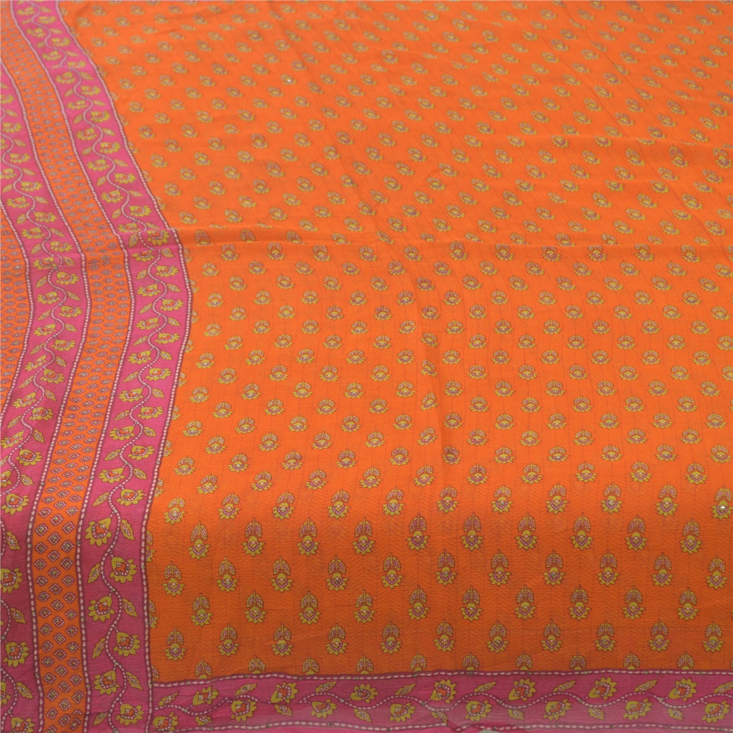 Sanskriti Vintage Sarees Orange/Pink Pure Chiffon Silk Printed Sari Craft Fabric