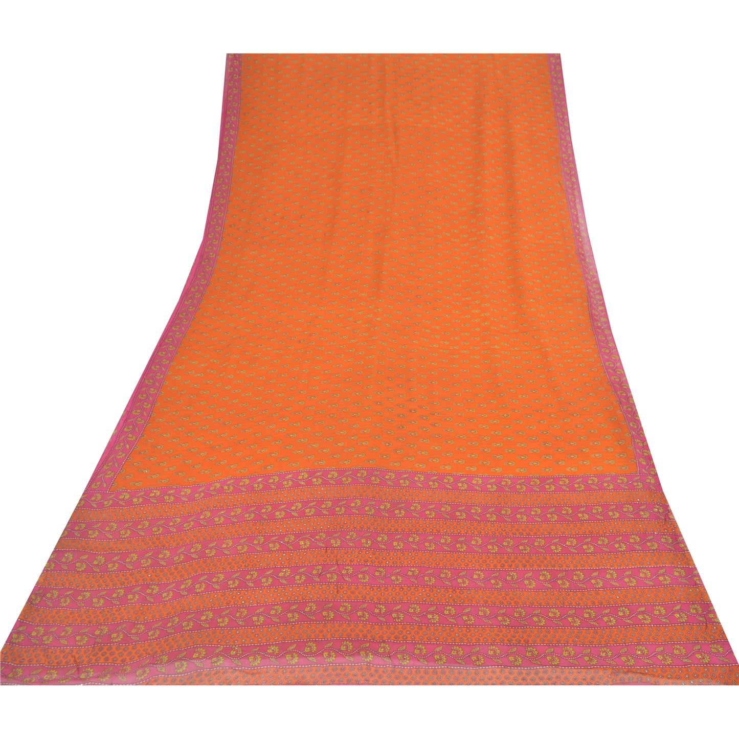 Sanskriti Vintage Sarees Orange/Pink Pure Chiffon Silk Printed Sari Craft Fabric