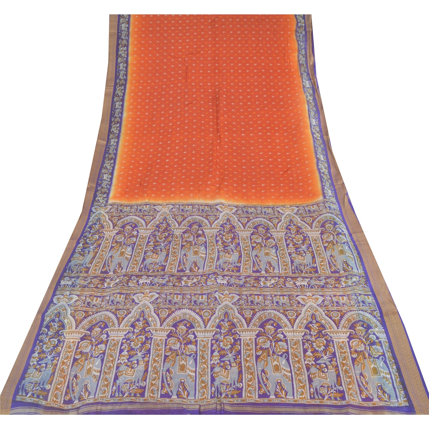 Sanskriti Vintage Sarees Orange/Purple Pure Silk Animal Printed Sari Fabric