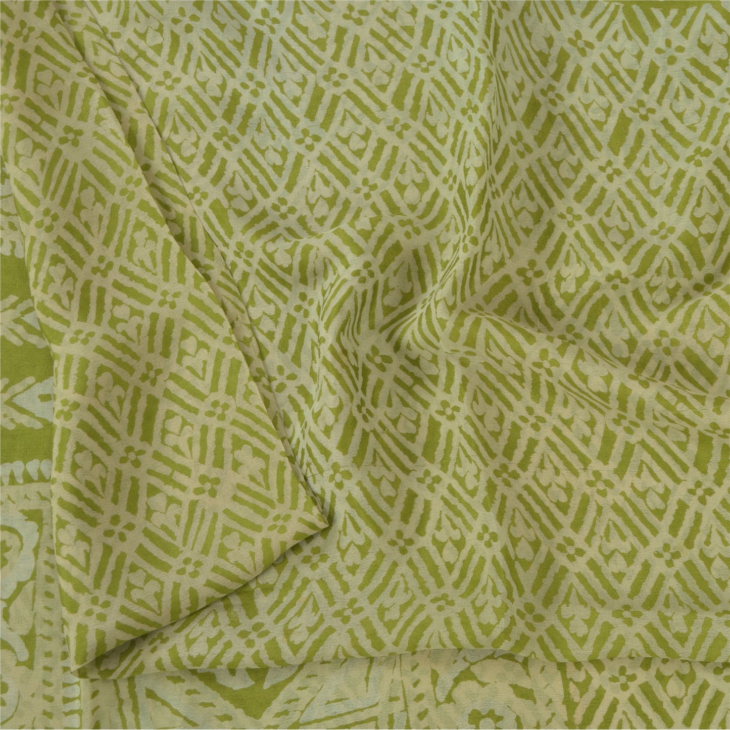 Sanskriti Vintage Sarees Green Indian Pure Silk Printed Sari 6 yard Craft Fabric