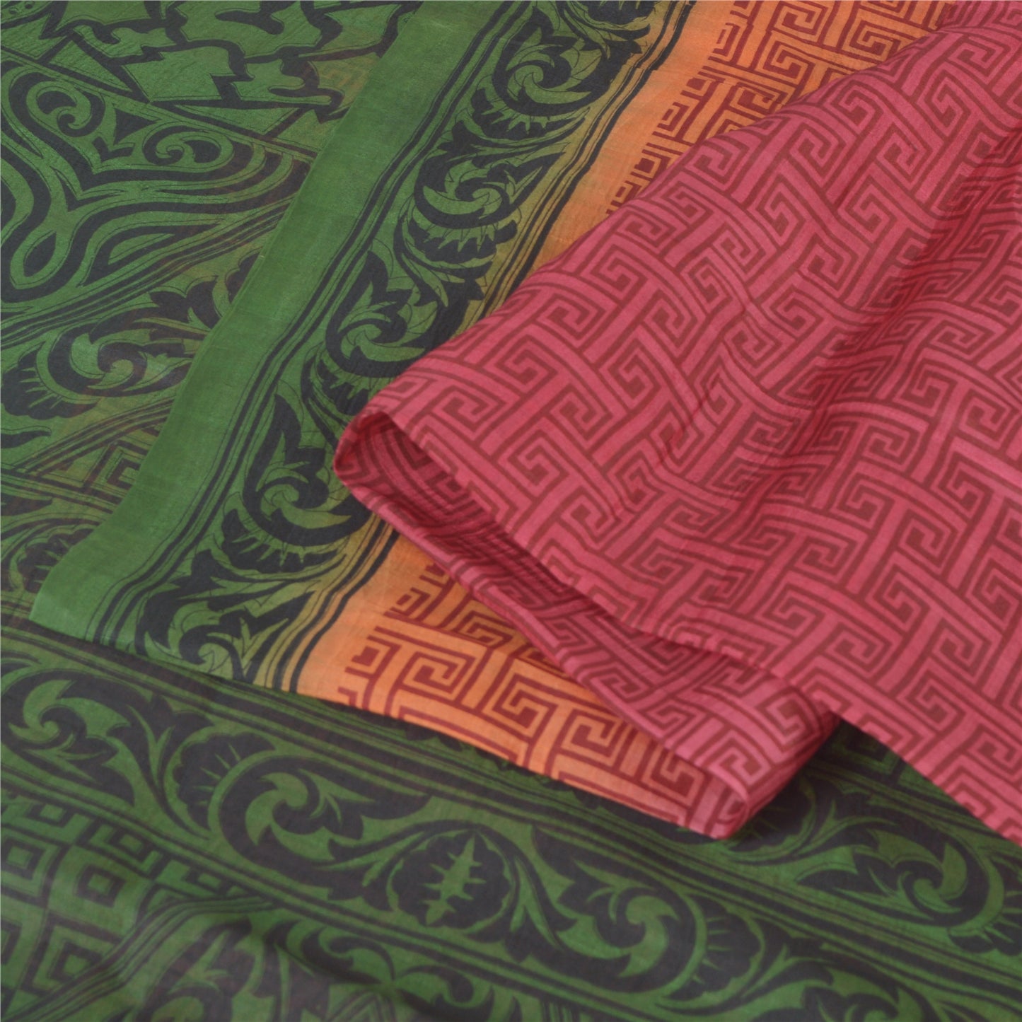 Sanskriti Vintage Sarees Pink/Green Pure Silk Printed Sari 5yd Soft Craft Fabric