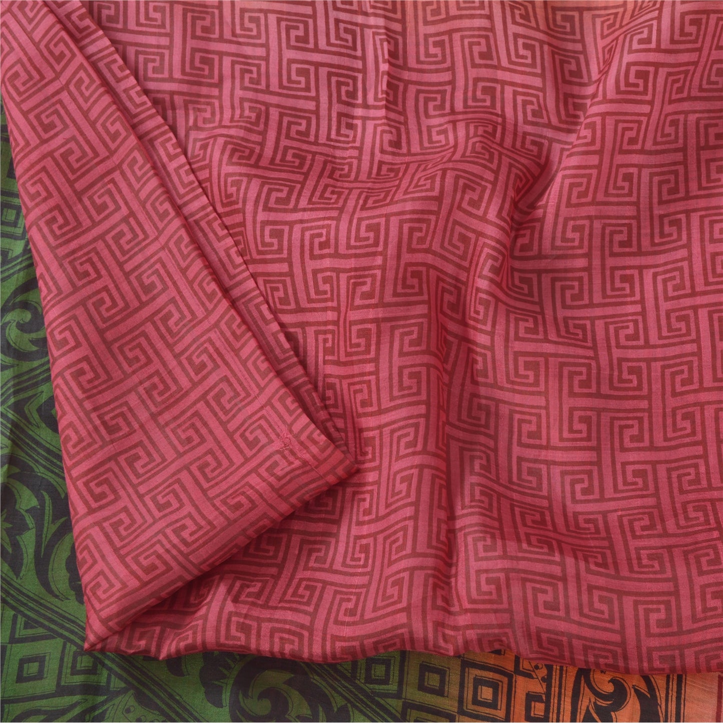 Sanskriti Vintage Sarees Pink/Green Pure Silk Printed Sari 5yd Soft Craft Fabric