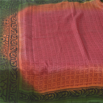 Sanskriti Vintage Sarees Pink/Green Pure Silk Printed Sari 5yd Soft Craft Fabric