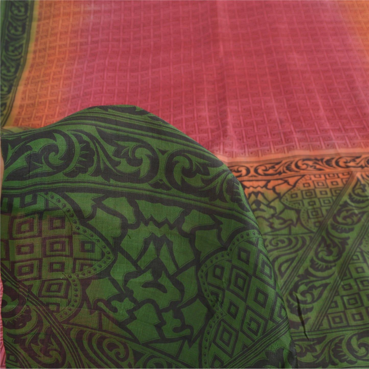 Sanskriti Vintage Sarees Pink/Green Pure Silk Printed Sari 5yd Soft Craft Fabric