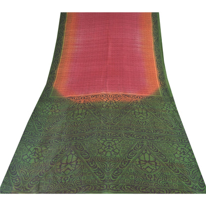 Sanskriti Vintage Sarees Pink/Green Pure Silk Printed Sari 5yd Soft Craft Fabric