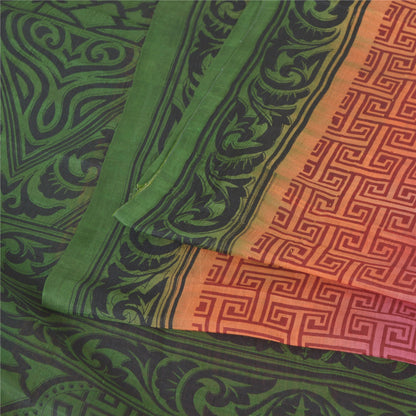 Sanskriti Vintage Sarees Pink/Green Pure Silk Printed Sari 5yd Soft Craft Fabric