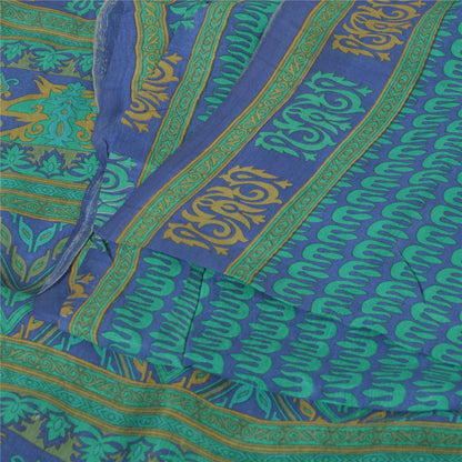 Sanskriti Vintage Sarees Blue/Green 100% Pure Silk Printed Sari 5yd Craft Fabric