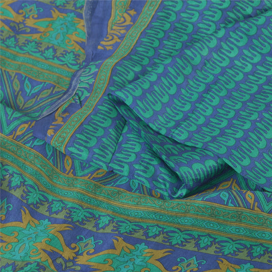 Sanskriti Vintage Sarees Blue/Green 100% Pure Silk Printed Sari 5yd Craft Fabric