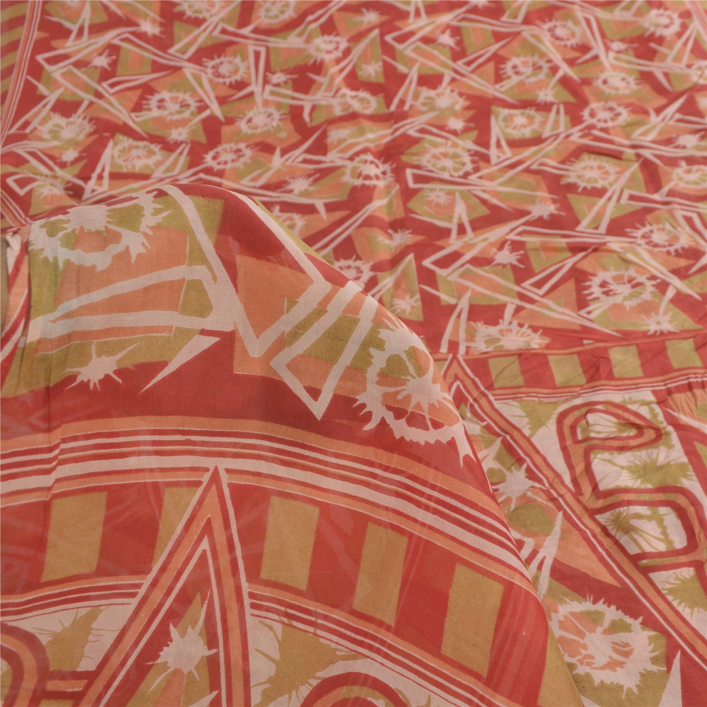 Sanskriti Vintage Sarees Red/Green 100% Pure Silk Printed Sari 5yd Craft Fabric