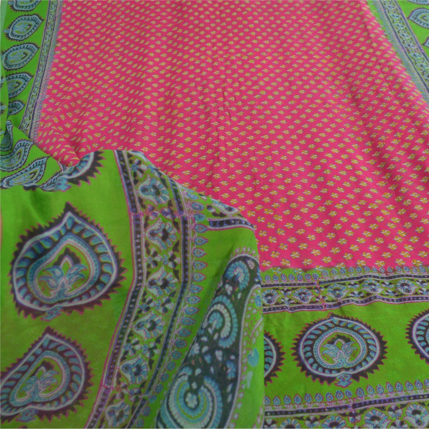 Sanskriti Vintage Sarees Pink/Green 100% Pure Silk Printed Sari 5yd Craft Fabric