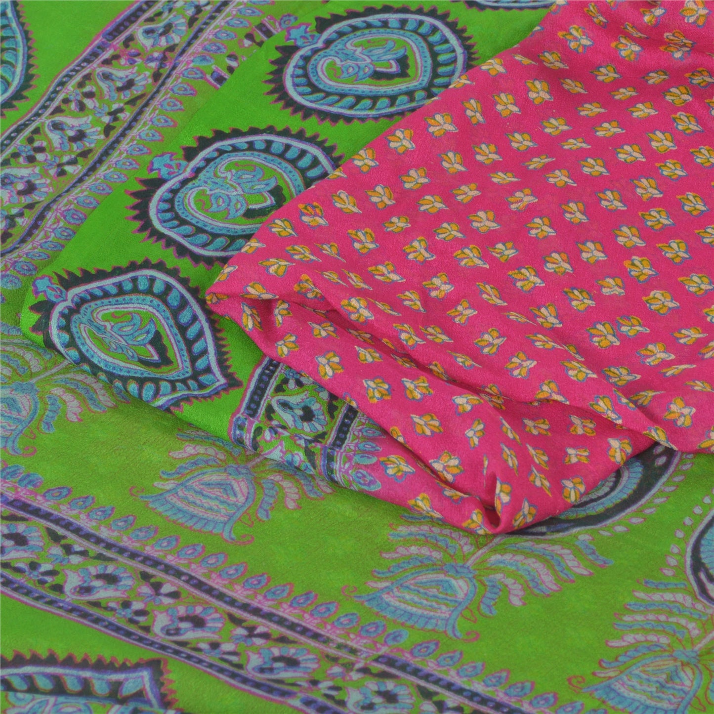 Sanskriti Vintage Sarees Pink/Green 100% Pure Silk Printed Sari 5yd Craft Fabric