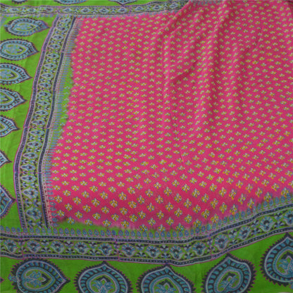 Sanskriti Vintage Sarees Pink/Green 100% Pure Silk Printed Sari 5yd Craft Fabric