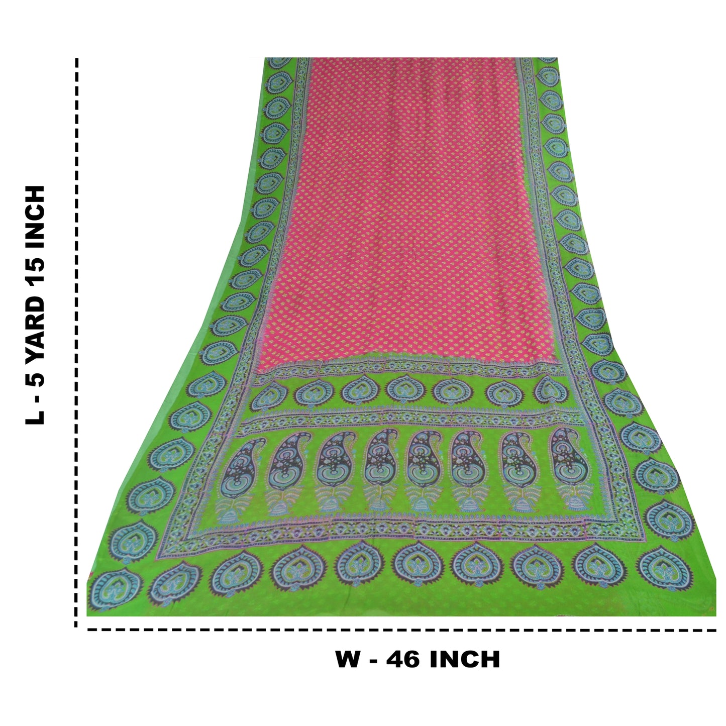 Sanskriti Vintage Sarees Pink/Green 100% Pure Silk Printed Sari 5yd Craft Fabric