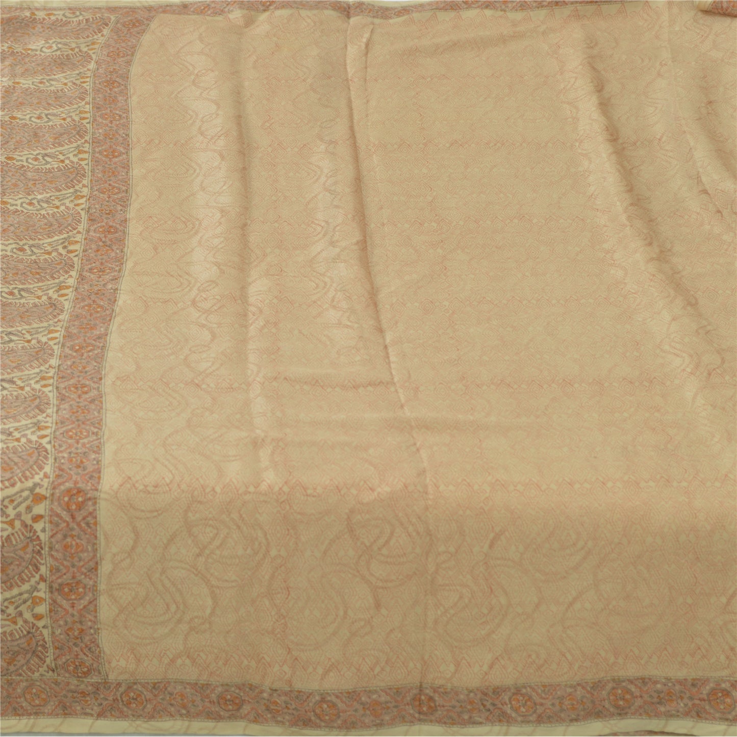 Sanskriti Vintage Sarees Light Brown 100%Pure Silk Printed Sari 5yd Craft Fabric