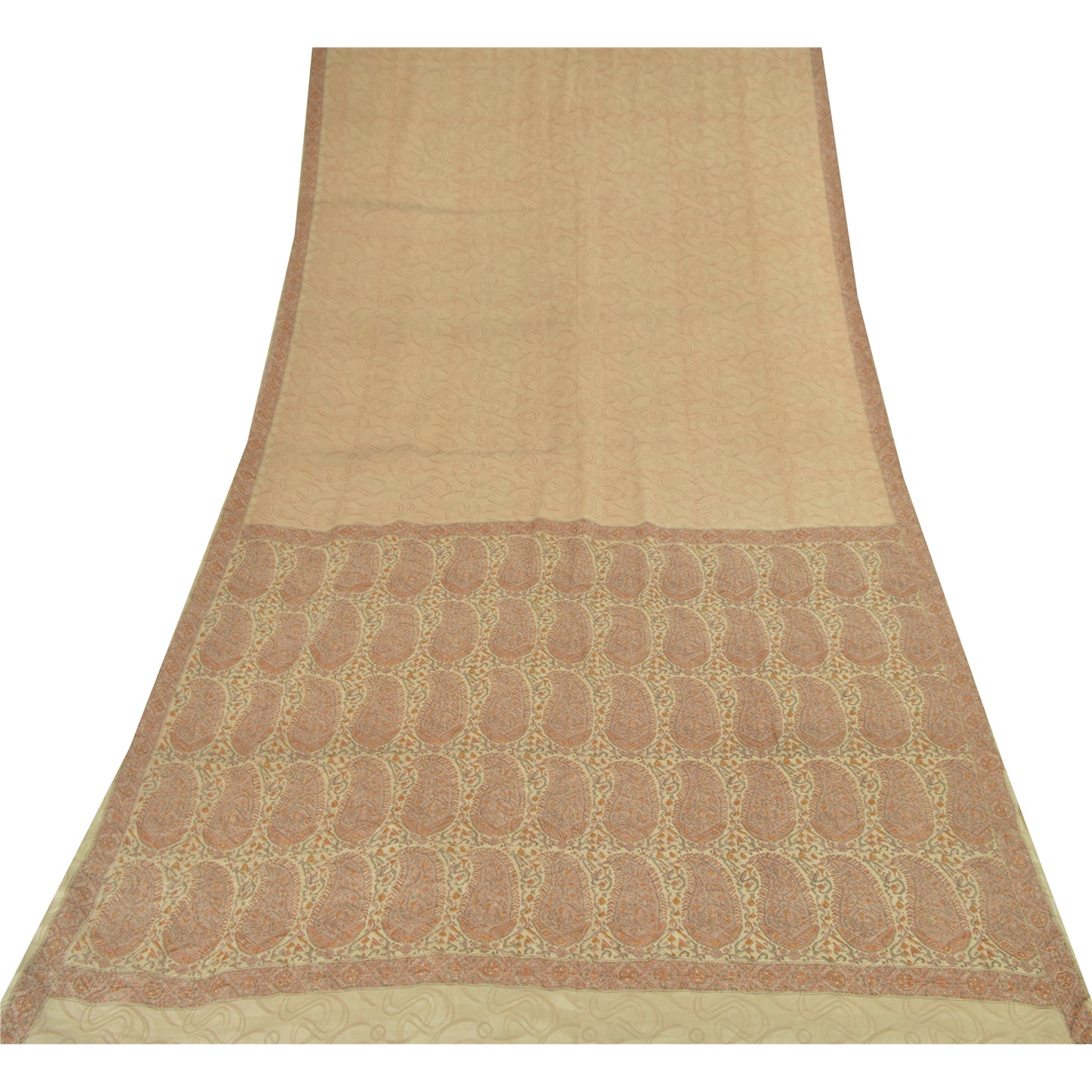 Sanskriti Vintage Sarees Light Brown 100%Pure Silk Printed Sari 5yd Craft Fabric