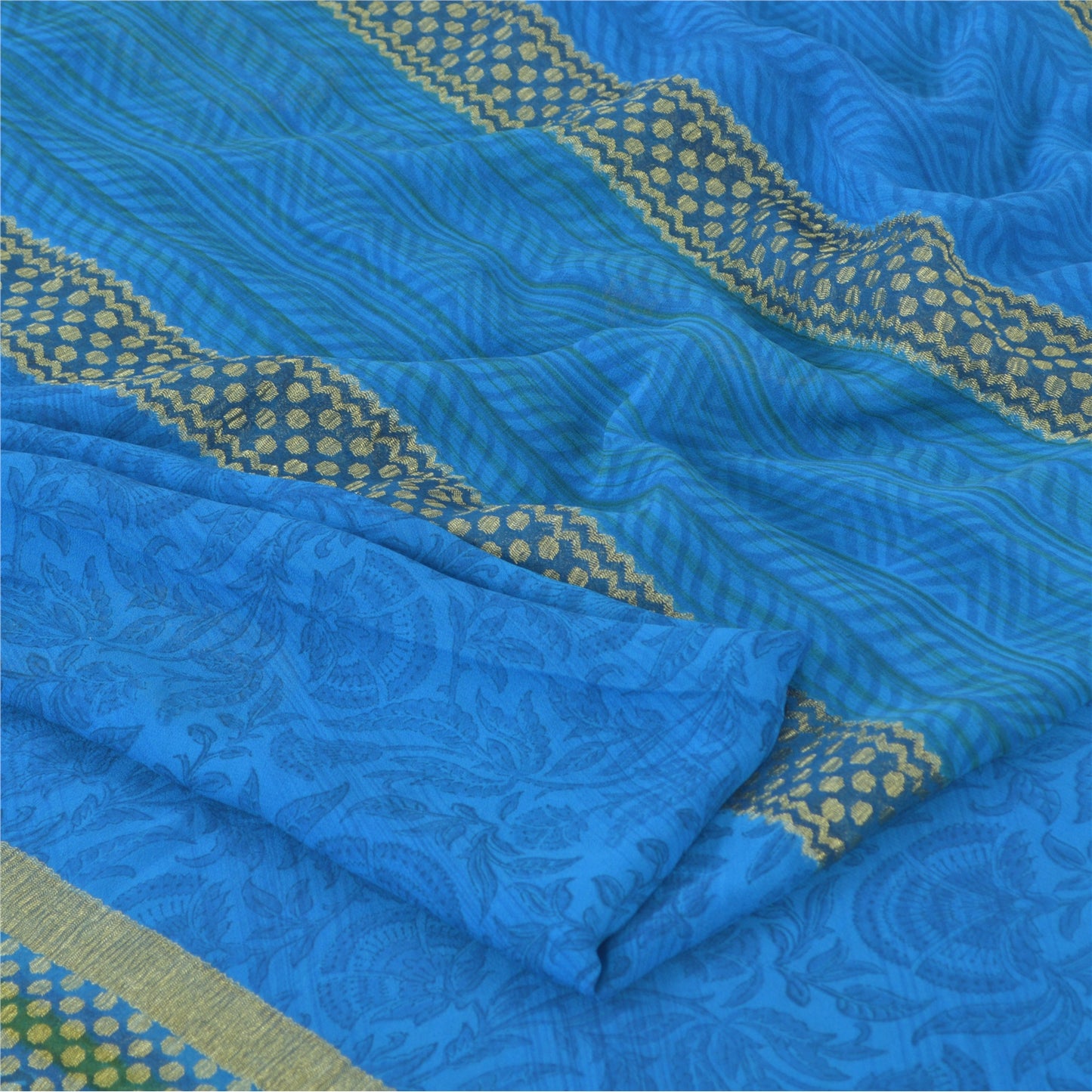 Sanskriti Vintage Sarees Blue Woven Printed Pure Georgette Sari 5yd Craft Fabric