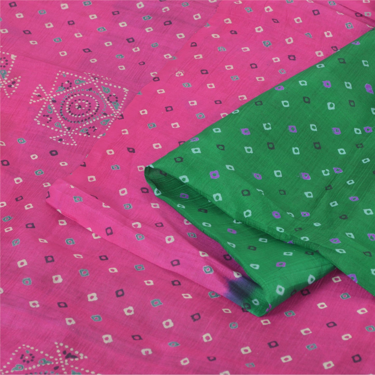 Sanskriti Vintage Sarees Green/Pink Pure Silk Bandhani Printed Sari 5yd Fabric