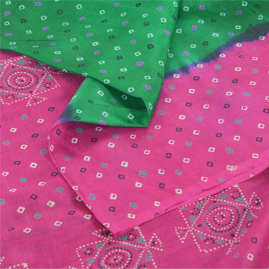 Sanskriti Vintage Sarees Green/Pink Pure Silk Bandhani Printed Sari 5yd Fabric