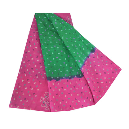 Sanskriti Vintage Sarees Green/Pink Pure Silk Bandhani Printed Sari 5yd Fabric