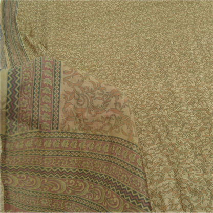 Sanskriti Vintage Sarees Shades of Cream Pure Silk Printed Sari 5yd Craft Fabric