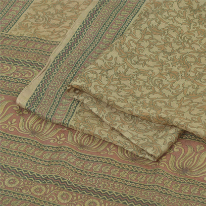 Sanskriti Vintage Sarees Shades of Cream Pure Silk Printed Sari 5yd Craft Fabric