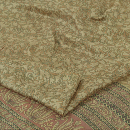 Sanskriti Vintage Sarees Shades of Cream Pure Silk Printed Sari 5yd Craft Fabric