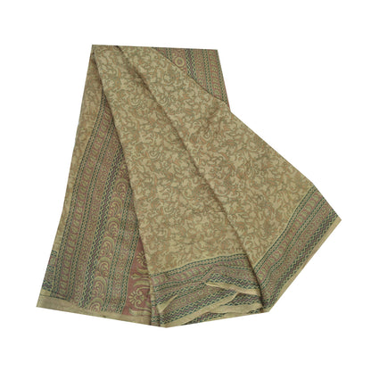 Sanskriti Vintage Sarees Shades of Cream Pure Silk Printed Sari 5yd Craft Fabric