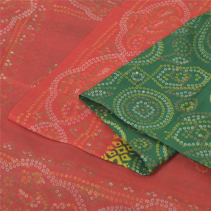 Sanskriti Vintage Sarees Green/Red Pure Silk Bandhani Printed Sari 5yd Fabric