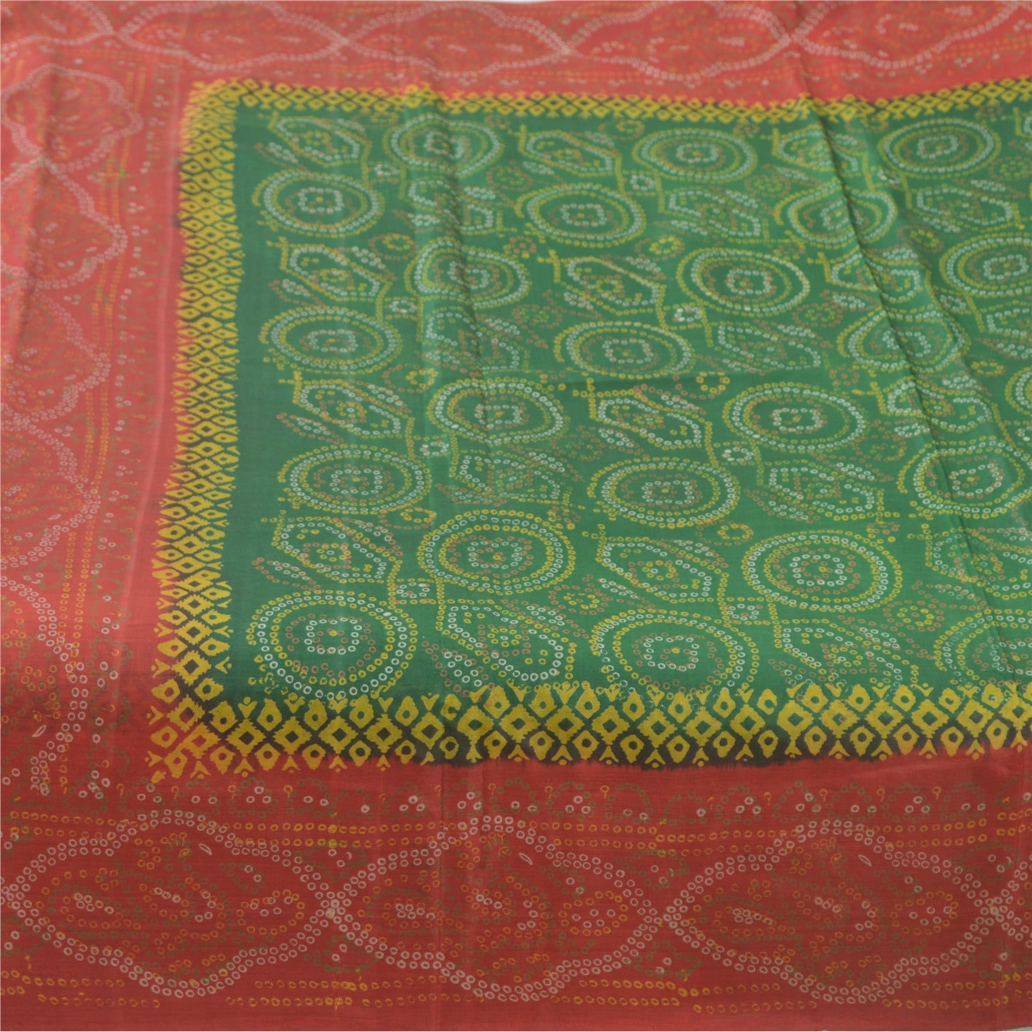 Sanskriti Vintage Sarees Green/Red Pure Silk Bandhani Printed Sari 5yd Fabric