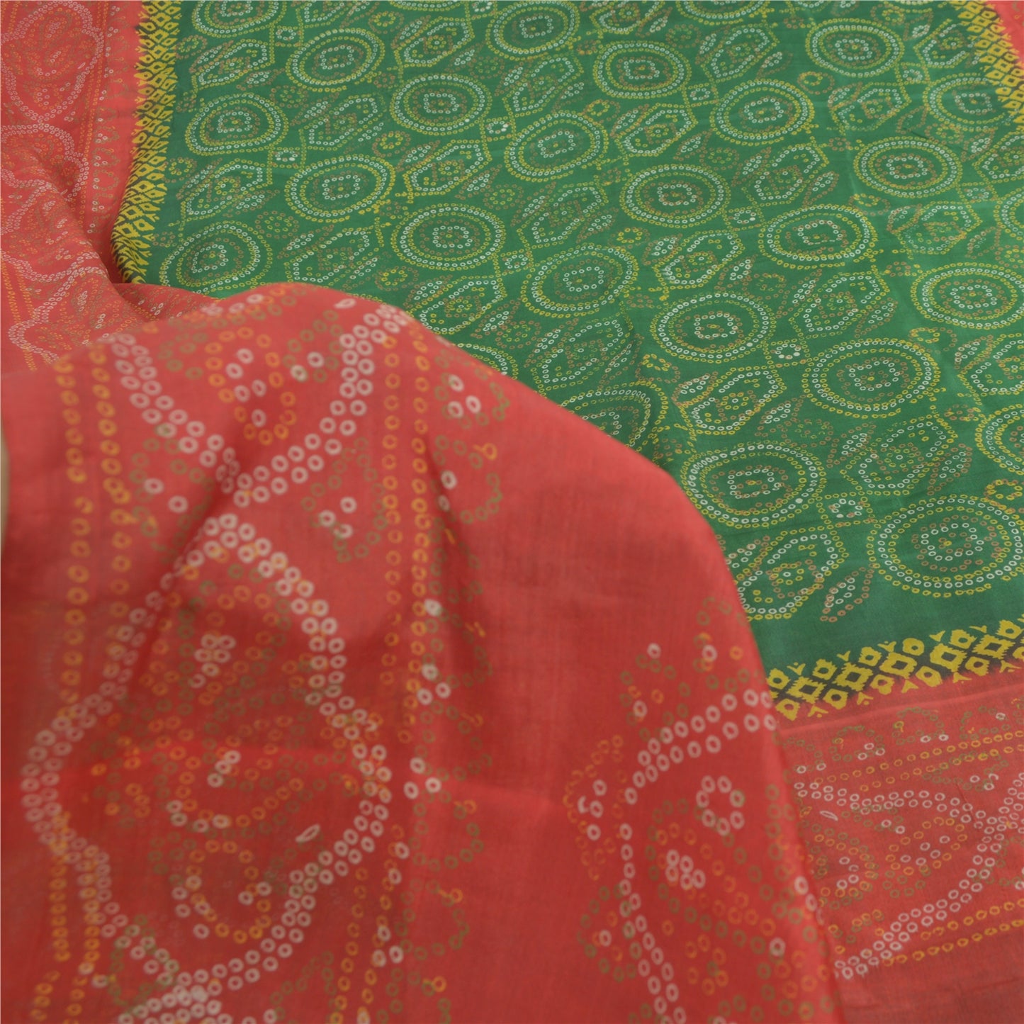 Sanskriti Vintage Sarees Green/Red Pure Silk Bandhani Printed Sari 5yd Fabric