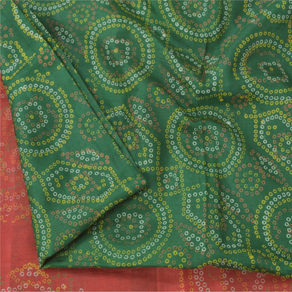 Sanskriti Vintage Sarees Green/Red Pure Silk Bandhani Printed Sari 5yd Fabric