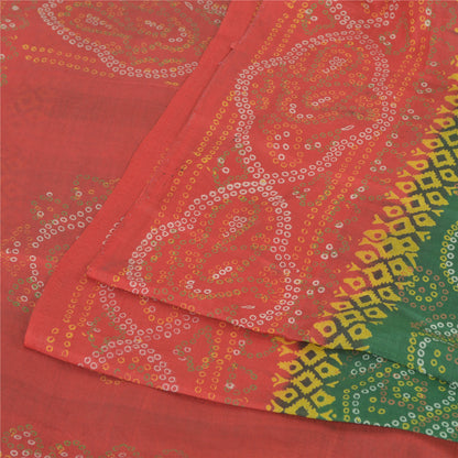 Sanskriti Vintage Sarees Green/Red Pure Silk Bandhani Printed Sari 5yd Fabric