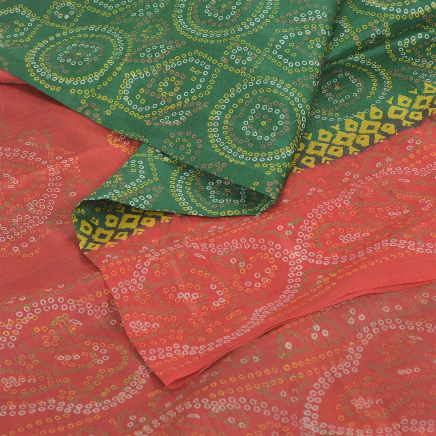 Sanskriti Vintage Sarees Green/Red Pure Silk Bandhani Printed Sari 5yd Fabric