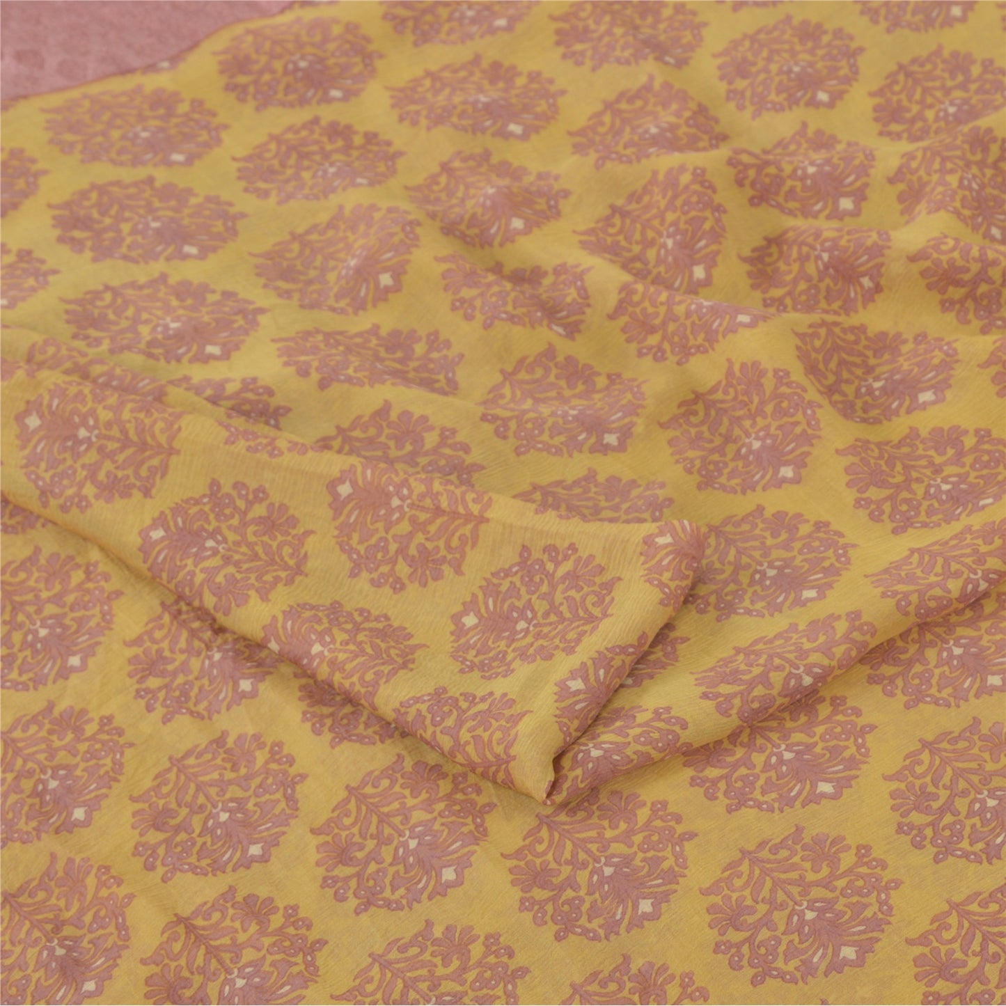 Sanskriti Vintage Sarees Yellow/Pink Blend Chiffon Printed Sari 5yd Craft Fabric