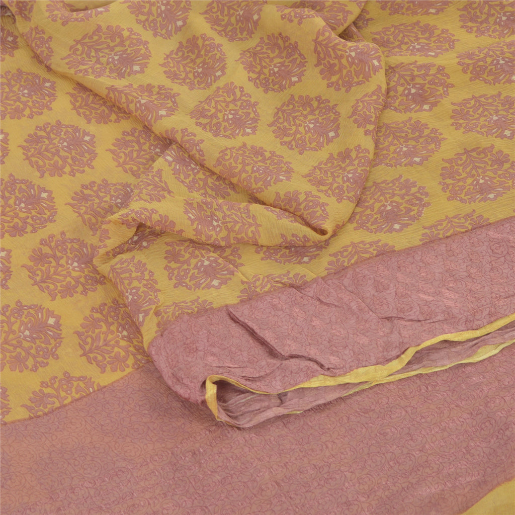 Sanskriti Vintage Sarees Yellow/Pink Blend Chiffon Printed Sari 5yd Craft Fabric