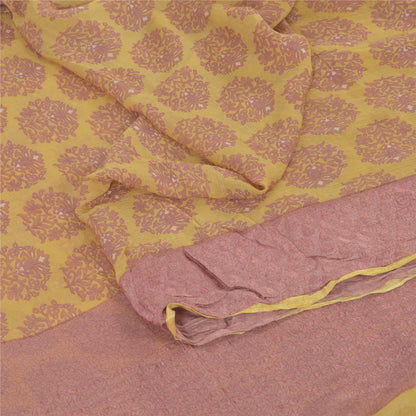 Sanskriti Vintage Sarees Yellow/Pink Blend Chiffon Printed Sari 5yd Craft Fabric