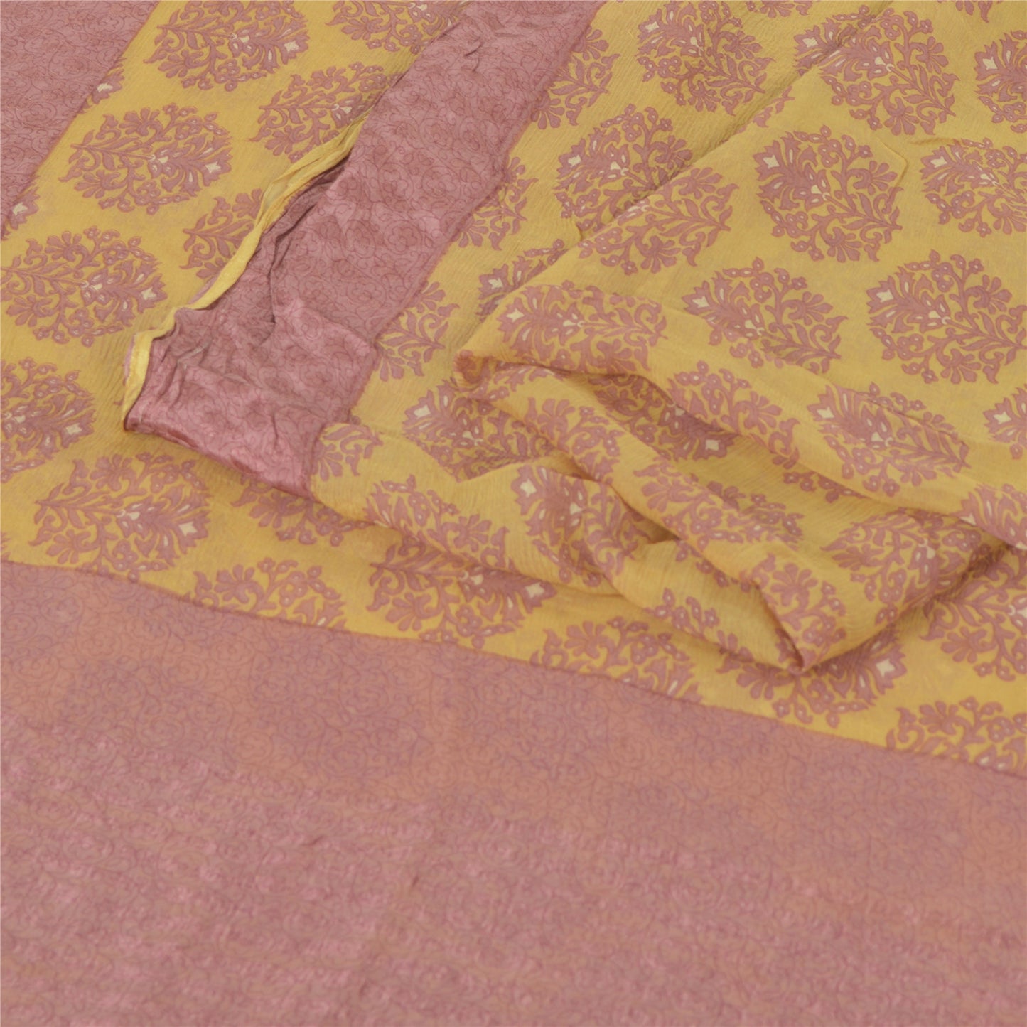 Sanskriti Vintage Sarees Yellow/Pink Blend Chiffon Printed Sari 5yd Craft Fabric