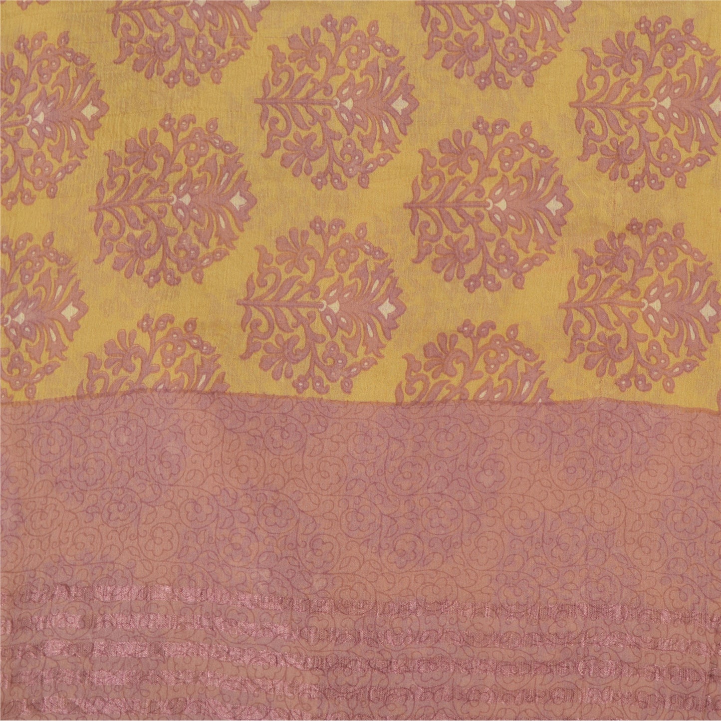 Sanskriti Vintage Sarees Yellow/Pink Blend Chiffon Printed Sari 5yd Craft Fabric