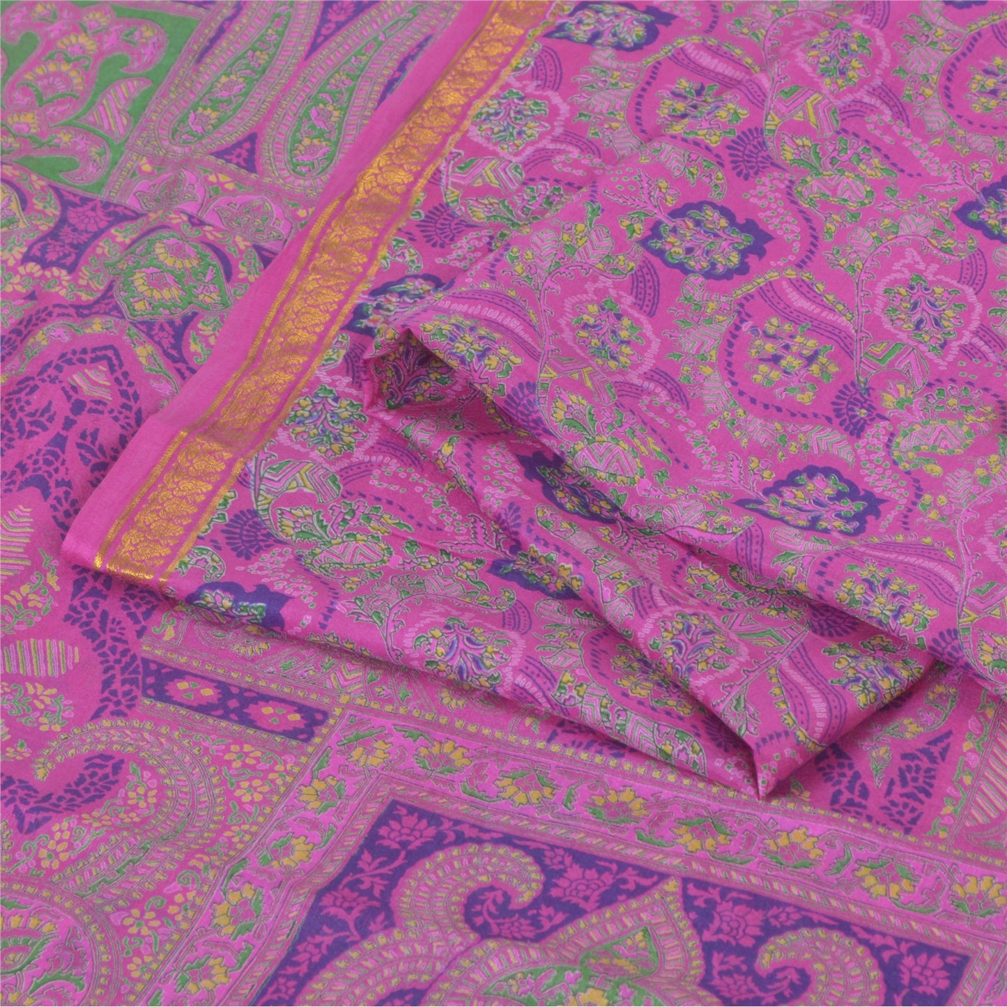 Sanskriti Vintage Sarees Purple Zari Border Pure Silk Printed Sari 6yd Fabric