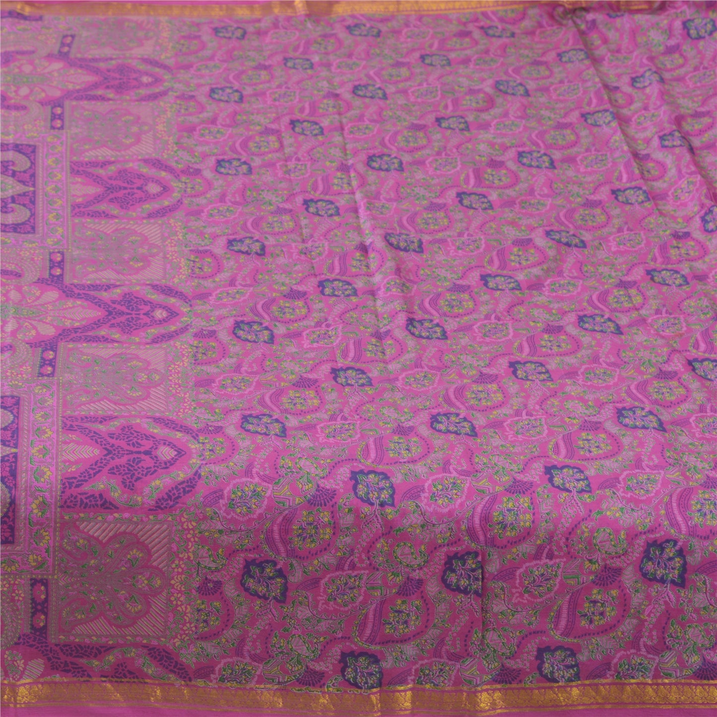 Sanskriti Vintage Sarees Purple Zari Border Pure Silk Printed Sari 6yd Fabric