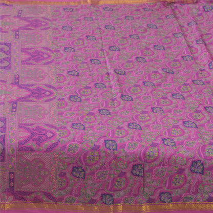 Sanskriti Vintage Sarees Purple Zari Border Pure Silk Printed Sari 6yd Fabric