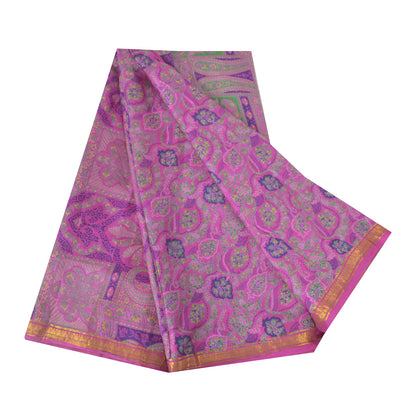 Sanskriti Vintage Sarees Purple Zari Border Pure Silk Printed Sari 6yd Fabric