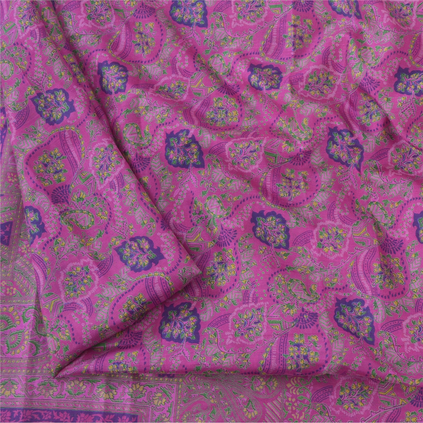 Sanskriti Vintage Sarees Purple Zari Border Pure Silk Printed Sari 6yd Fabric